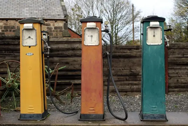 Row of vintage gas pumps